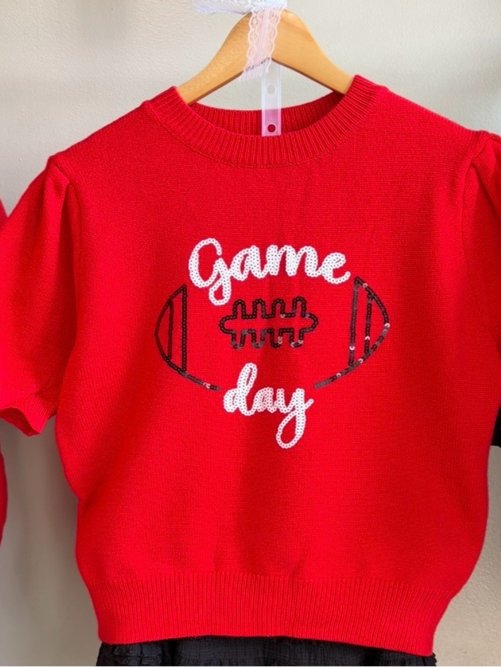 Game Day Red Sequin Football Graphic Short Sleeve Sweater